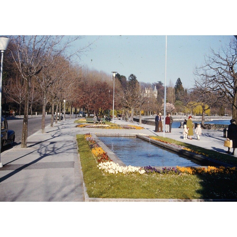 Kodak Slide 1950s Red Border Kodachrome People at a Waterfront Garden Location